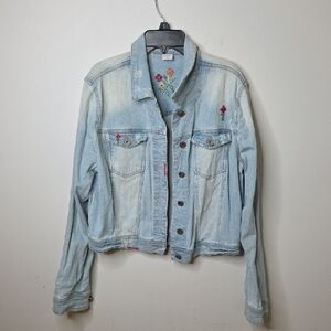 Tinseltown Light Blue Denim Jacket with Floral Embroidery Size LARGE